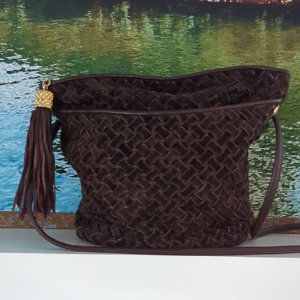 Ganson Vintage Suede Weave Xbody-Leather Bottom &Trim-gold Tone Leather Tassel